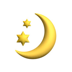 Yellow Crescent Moon and stars. 3d vector icon. Cartoon minimal style.