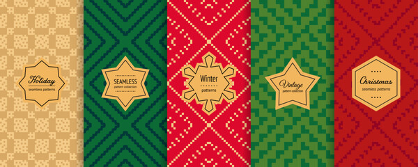 Christmas vector seamless patterns set. Trendy holiday background swatches with elegant labels. Winter nordic scandinavian style abstract textures. Ethnic folk motif. Retro vintage decorative design