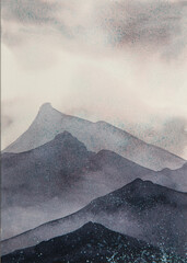 Watercolor illustration painting clouds in the mountains foggy neutral tones handmade Timeless Ethereal dreamy layers