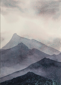Watercolor illustration painting clouds in the mountains foggy neutral tones handmade Timeless Ethereal dreamy layers