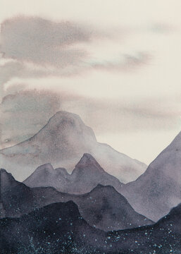 Watercolor illustration painting clouds in the mountains foggy neutral tones handmade Timeless Ethereal dreamy layers
