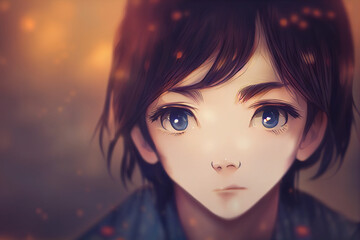 Fototapeta premium Cute and handsome 3D Anime Hentai character illustration portrait of a young male boy - man with long shiny hair with background