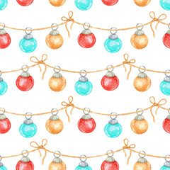 Gold, blue and red Christmas balls. Seamless pattern. Watercolor hand-drawn art. Artistic illustration on white background.