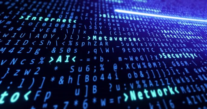 Binary code with ai, metaverse, block chain, internet, network and security text highlighting and light lines connecting.