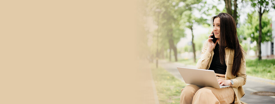 Woman during remote work in the park banner - Powered by Adobe