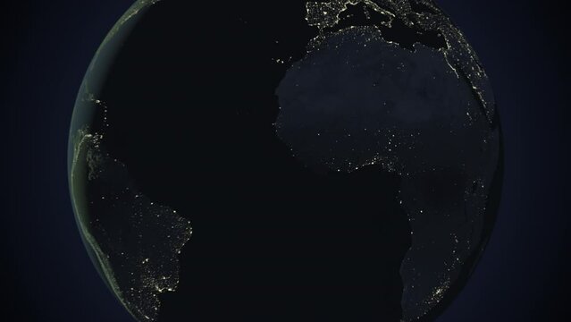 Seamless looping animation of the earth at night zooming in to the 3d map of Ghana with the capital and the biggest cites in 4K resolution