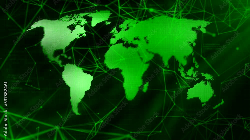 Poster pulsating dots on world map. motion. holographic map of world with electronic dots. dots vibrate on 