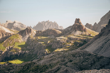 View on the mountains from Tre Cime di Lavaredo in the Italian Dolomites during sunrise