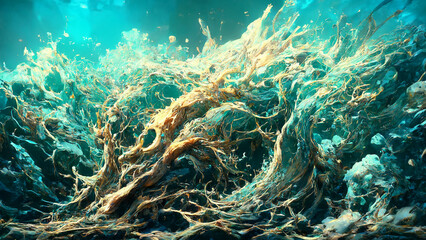 Naklejka na ściany i meble Gigantic waves splashing in the deep sea, abstract pattern with bubbles, foam, wallpaper background