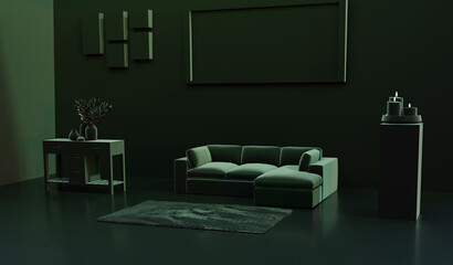 Luxury dark turquoise green texture interior with furniture, carpet and decorative. Luxury interior design. 3d illustration.