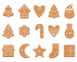 Set of Christmas gingerbread cookies in flat cartoon style.