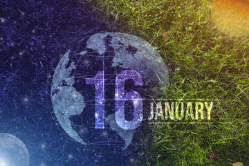 January 16th. Day 16 of month, Calendar date. Day to night background concept. Scene with globe the...