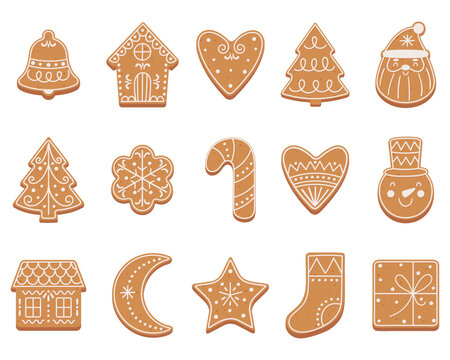 Set of Christmas gingerbread cookies in flat cartoon style.