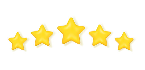 Five yellow matte plastic stars. Achievements for games. Realistic 3D design. Customer reviews rating concept. For mobile applications. Vector illustration.