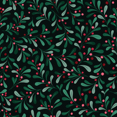 Christmas Mistletoe Foliage and Lingonberries Vector Seamless Pattern. Berries and Twigs. Winter Holidays Festive Print. Festive Botanical Design