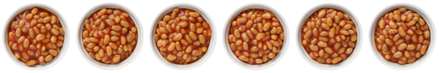 Baked beans in tomato sauce in a white ceramic bowl isolated on white. Top view.