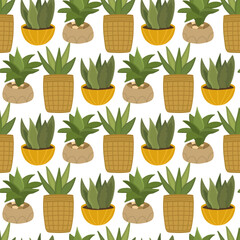 Seamless pattern of natural houseplant. Green cartoon natural background. For textile, fabric, postcard, poster