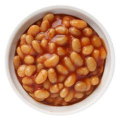 Baked beans in tomato sauce in a white ceramic bowl isolated on white. Top view.