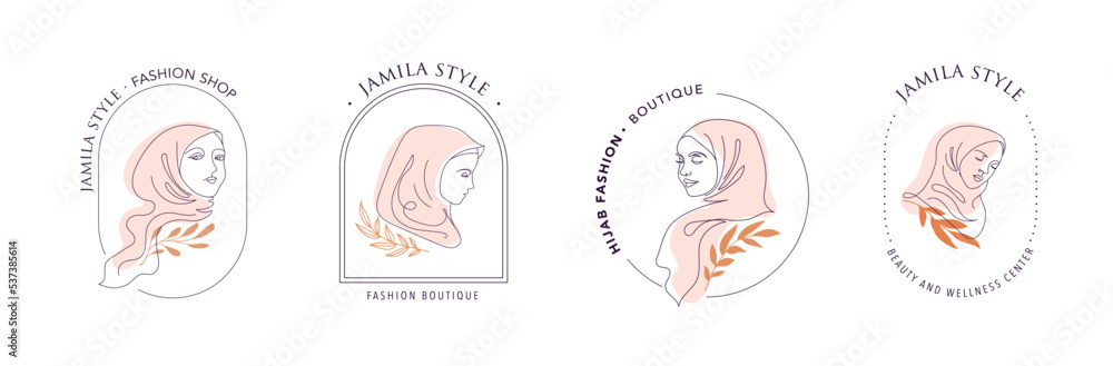 Wall mural Women in hijab collection, vector logo and branding design templates in minimal style, for beauty center, fashion studio, haircut salon and cosmetics - female portrait, beautiful woman's face