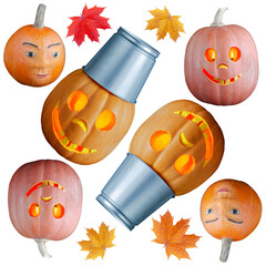 Halloween design with funny pumpkins and autumn maple leaves on a white square background