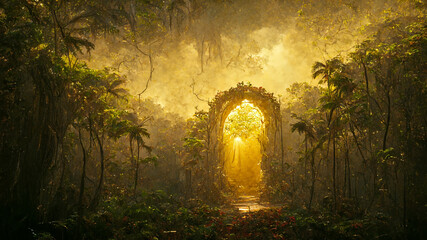 golden portal in a tropical forest