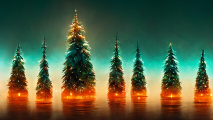 Glowing Christmas trees at lake border