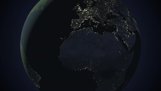 Seamless looping animation of the earth at night zooming in to the 3d map of Greece with the capital and the biggest cites in 4K resolution