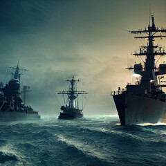 Fototapeta premium Warship in the stormy sea. 3D illustration