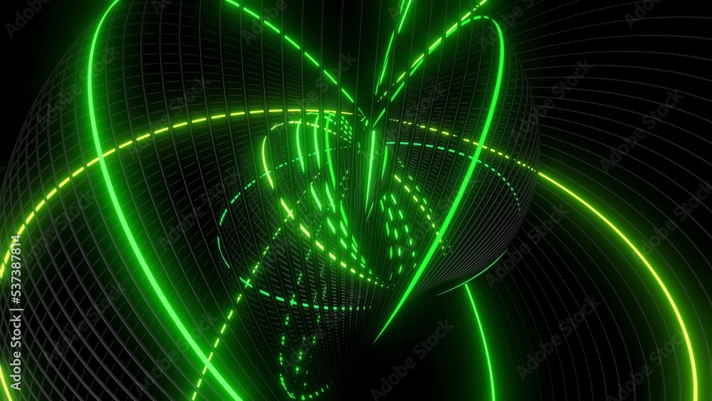 Aufkleber 3d render. abstract geometric bg with rings form complex twisted spiral and light effects. rings fla