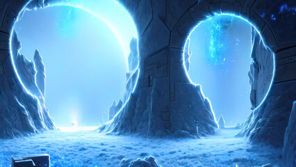 Fantasy fantastic futuristic ice frozen magic portal, blue neon, snow, ice, winter. 3D illustration