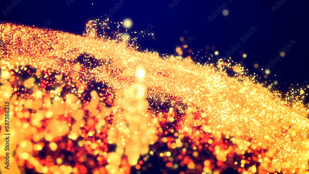 Aufkleber abstract bg, golden magic glitters fly in air form beautiful swirls. fiery sparkles float in viscous
