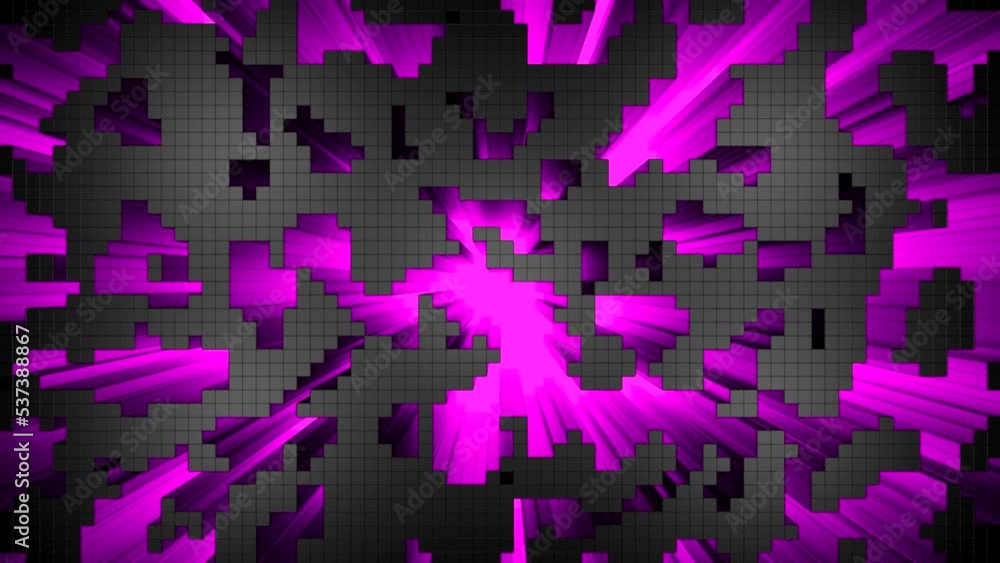 Poster pixelated pattern looking like old fashioned game with cubes. design. 3d long rays in random blinkin