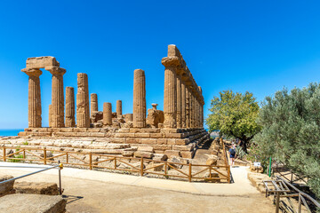 Agrigento, Sicily, Italy - July 12, 2020: The temple of Juno, in the valley of the temples of Agrigento in Sicily
