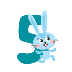 Number five with cute cartoon rabbit for kids isolated on white.