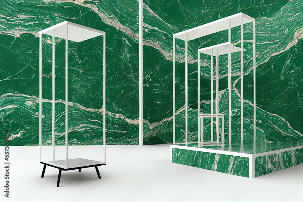 Poster marble texture table and green leaf wall product display background.3d perspective studio photograph