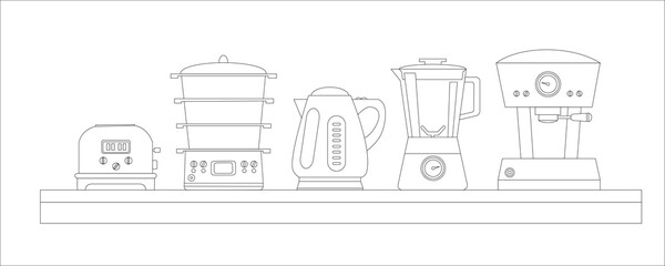 Coffee machine, blender, double boiler, kettle, toaster. Home appliances, kitchen appliances. Outline vector illustration. Icons 