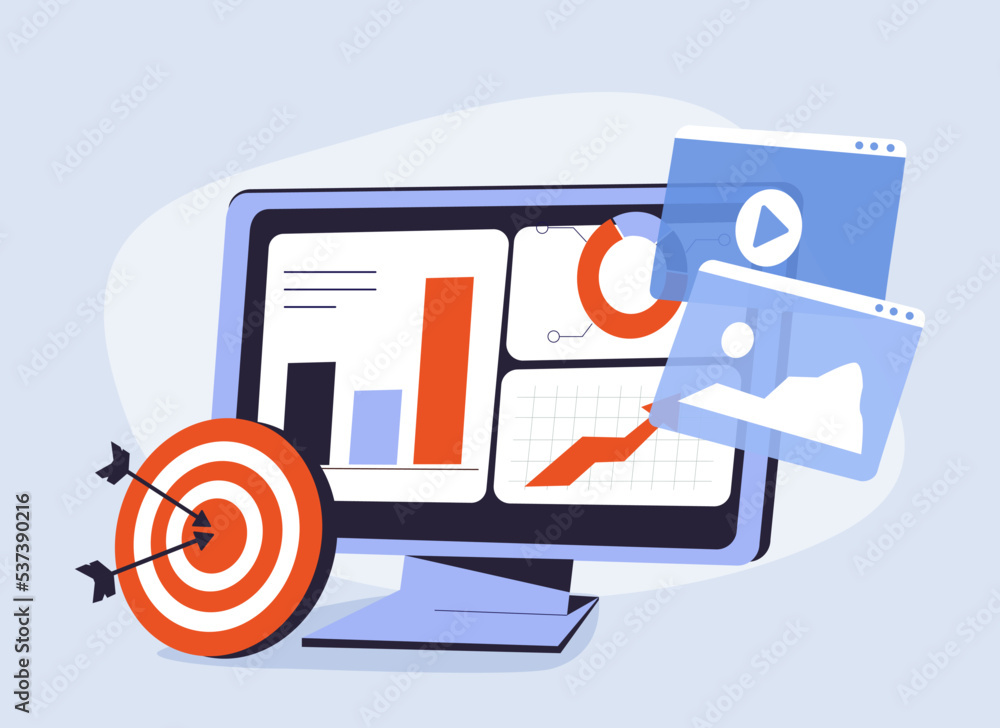 Poster seo optimization with browser for marketing social media concept. interface for web analytics strate