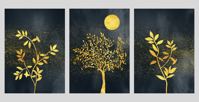 wall frame poster art. golden tree, moon, dots, and branches on black background. 3d artwork