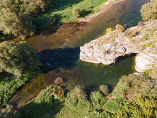 Aerial view of Vit river, passing near village of Aglen,  Bulgaria