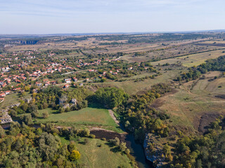 Fototapeta na wymiar Aerial view of Vit river, passing near village of Aglen, Bulgaria