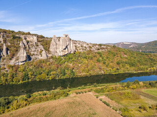 Fototapeta premium Aerial view of Iskar river, passing near village of Karlukovo, Bulgaria