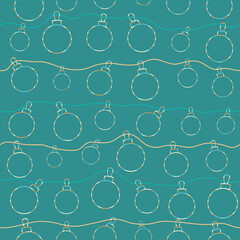 Geometric striped delicate Christmas balls on blue background. Elegant seamless vector illustration for wrapping paper, postcards, posters, holiday decorations and gift boxes.