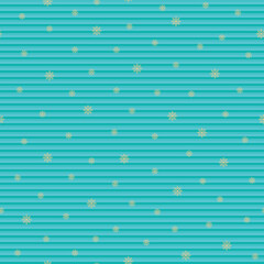 Winter holiday seamless pattern with orange snowflakes on cyan and blue striped background. Christmas vector pattern for wrapping paper, textile and paper prints, invitations and gift boxes.