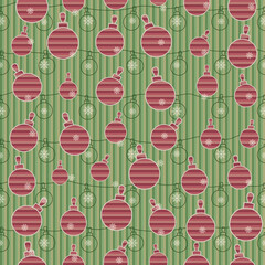 Winter holiday seamless vector pattern with red striped Christmas balls and snow flakes on striped background. Great for wrapping paper, textile and paper prints, post cards and gift boxes.
