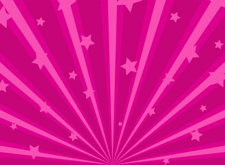 Sunlight horizontal background. Pink color burst background with shining stars. Vector illustration. Sun beam ray sunburst pattern backdrop. Magic, festival, circus holiday poster