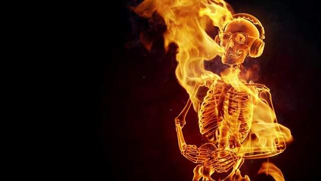 Fiery skeleton in headphones listening to music and dancing
