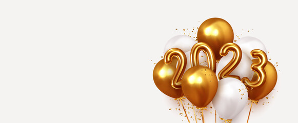 Happy New Year 2023. Realistic gold and white balloons. Background design metallic numbers date 2023 and helium ballon on ribbon, glitter bright confetti. Vector illustration