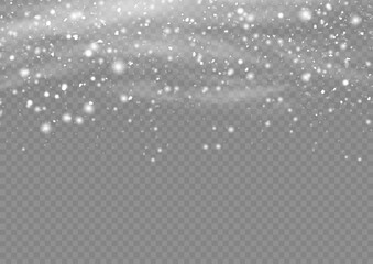 Many white cold flake elements. Magic Christmas eve snowfall. Xmas snowflakes in different shapes. Falling Christmas shining transparent beautiful snow wind with snowdrifts. Vector illustration