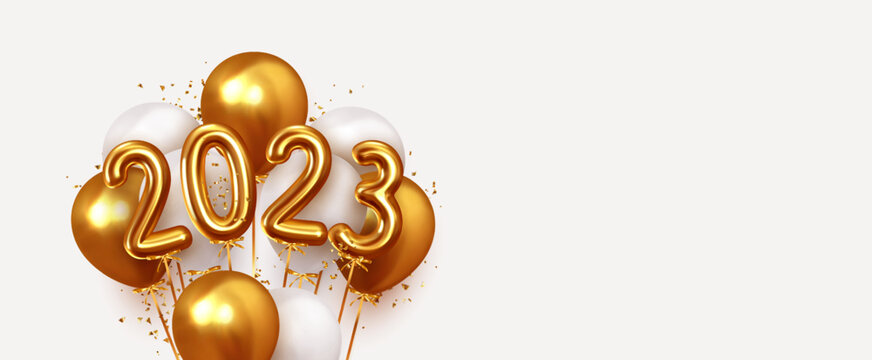 Happy New Year 2023. Realistic gold and white balloons. Background design metallic numbers date 2023 and helium ballon on ribbon, glitter bright confetti. Vector illustration