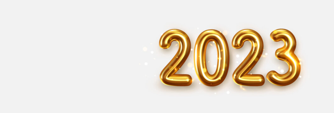 Happy New Year 2023. Golden metal numbers. Realistic 3d render signs. Luminous bright splash of gold bokeh lights. New year banner web poster, website header with number, vector illustration